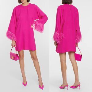 NWT Valentino Cady Mini Dress Hot Pink Silk Cape Long Sleeves Feather Trim